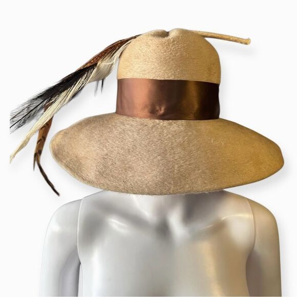 Vintage Lesile James Feathered Hat Wide Brim Wool Avant Garde Statement Piece - Picture 1 of 9